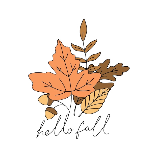 Autumn leaves and acorns Hand lettering Hello fall Leaves of oak maple and other trees