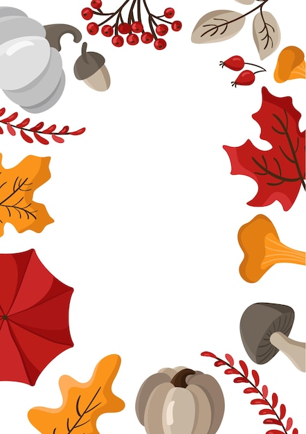紅葉、ベリー、カボチャのボーダーフレームの背景とスペーステキスト。季節の花のカエデ樫の木