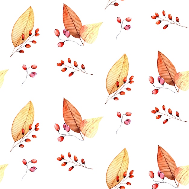 Vector autumn leaves and branches watercolor seamless pattern