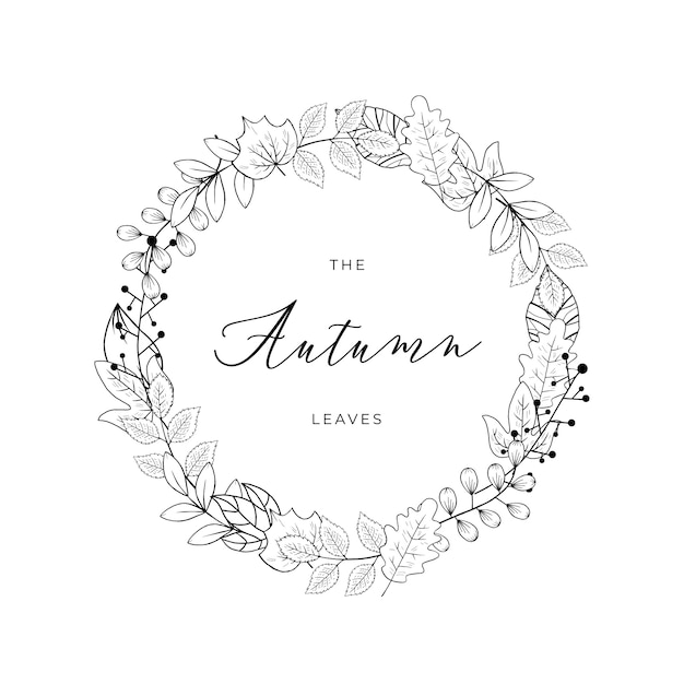 Autumn Leaves Doodle Line Art Ring Black and White Vector