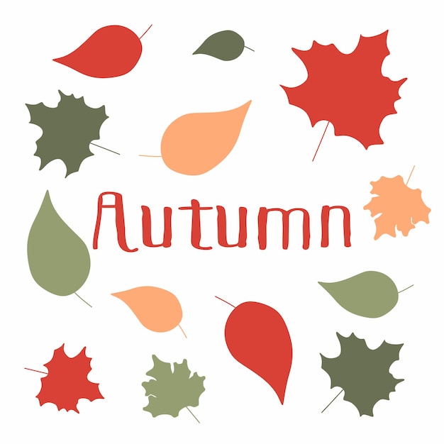 Autumn Leaves flat set with text or lettering Vector Cartoon collection of seasonal Design elements