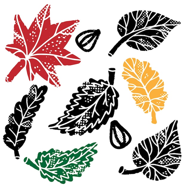 Vector autumn leaves illustration in linocut style stylization rustic style vector element for design