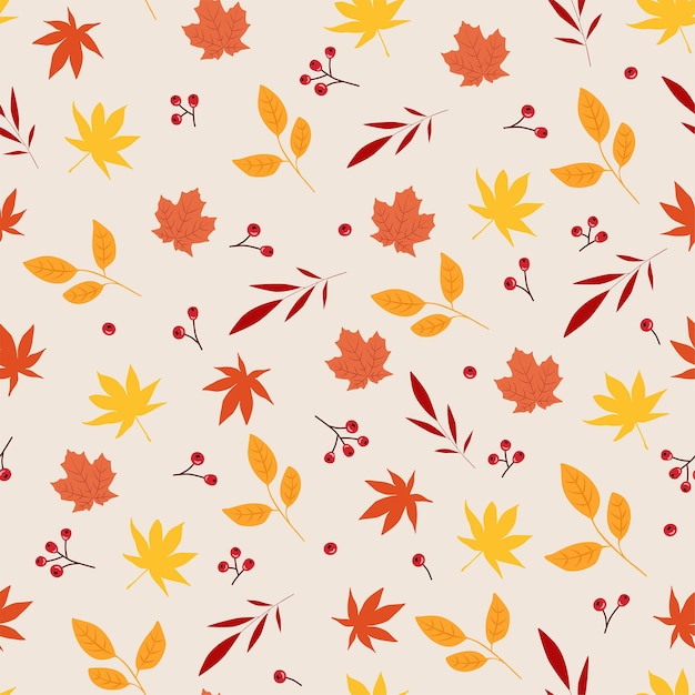 Autumn leaves seamless pattern. Vector background with colorful leaves and berries