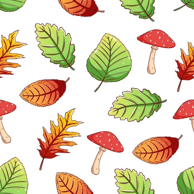 Autumn leaves in seamless pattern with colorful sketch style on white background