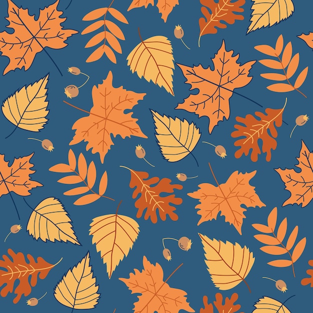 秋の葉のシームレスな繰り返しパターンベクトルイラスト 暗い背景 包装に適しています