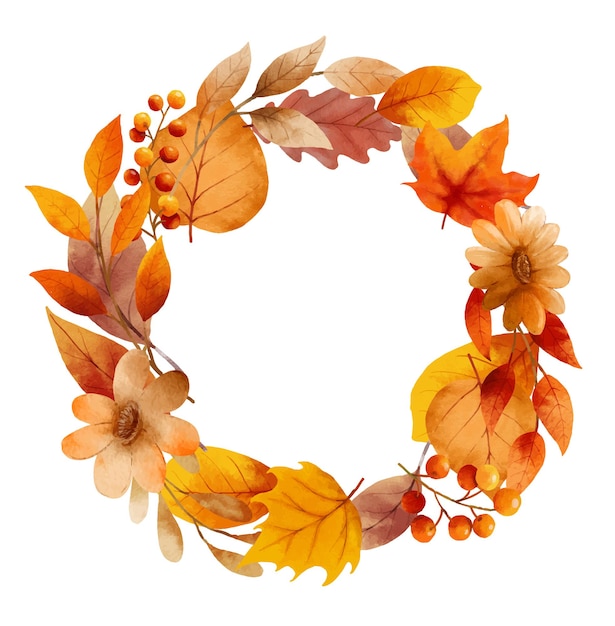 Autumn leaves watercolor wreaths and frame border.