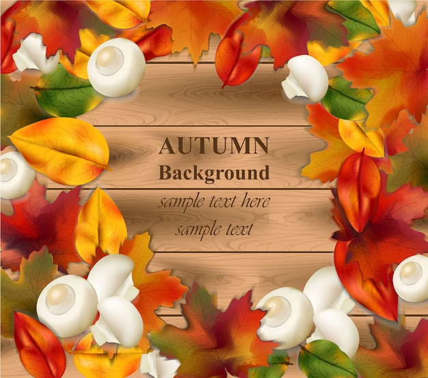 Foglie di autunno su sfondo di legno. illustrazione vettoriale realistica