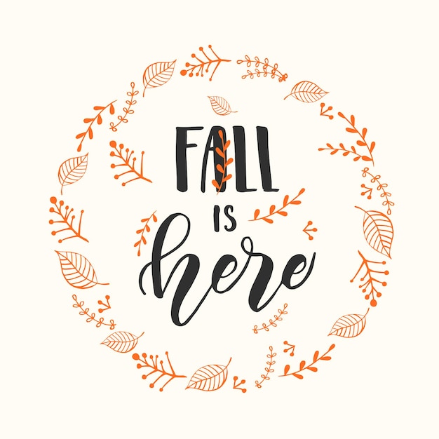 Vector autumn lettering calligraphy phrase - fall is here. invitation card with wreath and hand made motivation quote. sketch, vector design