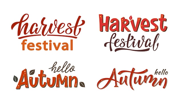 Autumn lettering sign set. hello autumn and harvest festival. autumn poster design. handwritten fall