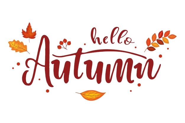 Autumn lettering with leaves handwritten brush calligraphy