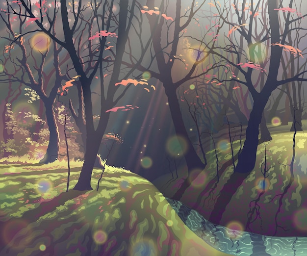 Vector autumn magic forest landscape with trees and river, fantasy sunlight, colorful red, orange and yellow leaves, beautiful nature