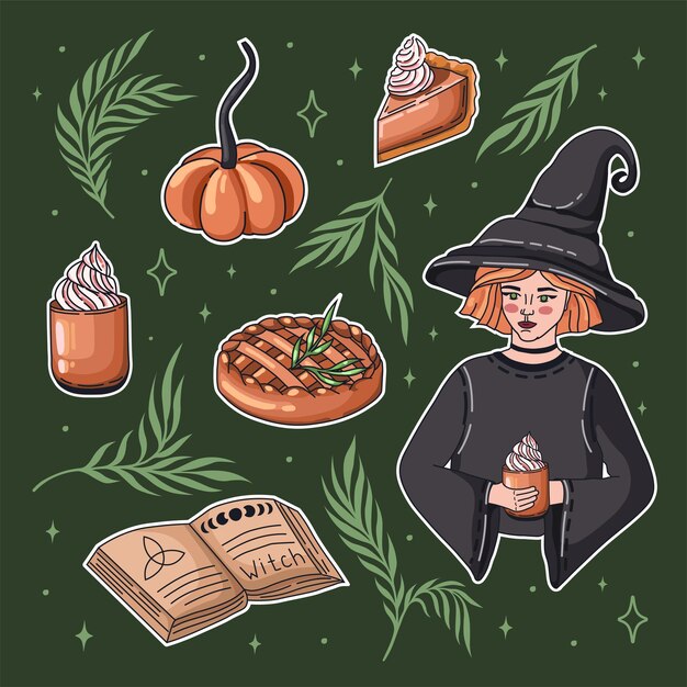 Adesivi magici d'autunno con torta di zucca e latte vettore della cucina delle streghe