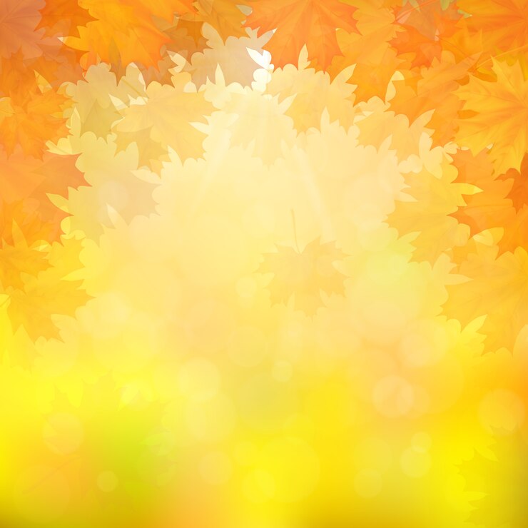 Vector autumn maple leaves on blurry background with sun rays.