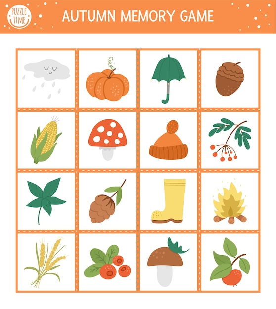 Autumn memory game cards with cute fall season objects. matching activity with funny characters. remember and find correct picture card. simple forest printable worksheet for kids.