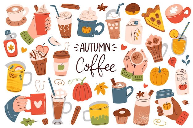 Autumn mood coffee collection pumpkin spice drinks doodle icons of cups and mugs with latte