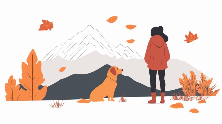 Vector autumn mood girl with dog in mountain landscape