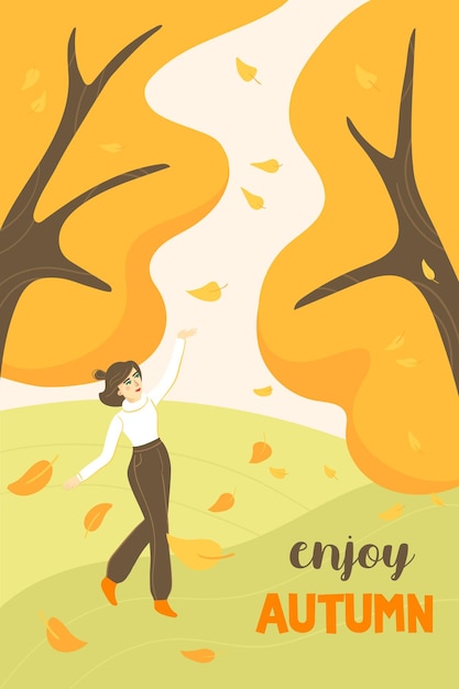 Autumn mood hand drawn card Enjoy autumn Girl enjoying cozy autumn and walking in the park Vector cartoon illustration