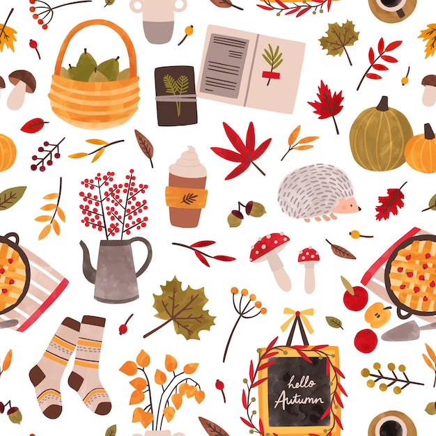 Autumn mood hand drawn seamless pattern. Fall season attributes texture. Traditional autumn symbols decorative backdrop. Foliage, plants, food, warm clothes and hedgehog illustration.