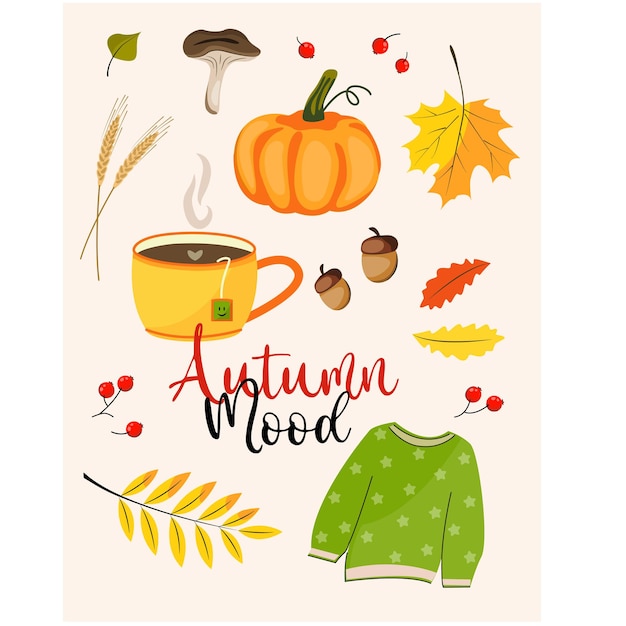 Banner di cartolina d'atmosfera autunnale scritta sul tema dell'autunno con foglie di diversi colori tazza di zucca di maglione da tè e funghi con ghiande e spighette illustrazione vettoriale d'archivio