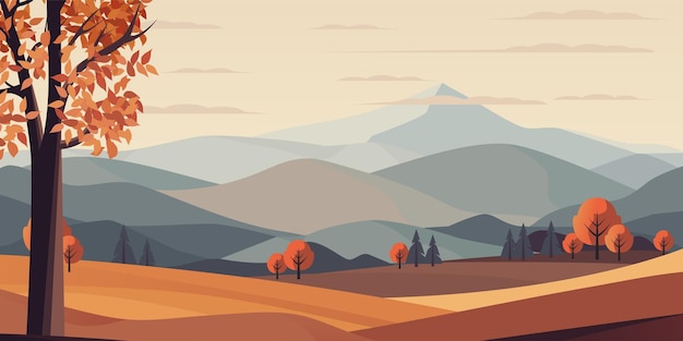 Illustrazione del paesaggio mattutino autunnale prati rigogliosi e montagne di alberi vivaci sullo sfondo