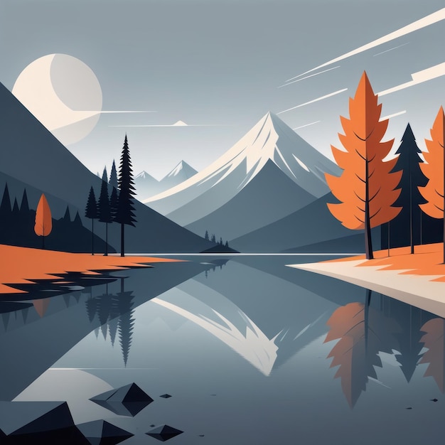 秋の山の湖の風景 ベクトルイラスト