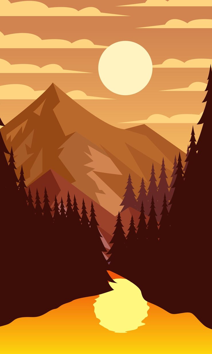 Vector autumn mountain poster silhouette of mountain lake and forest at sunrise vector illustration design