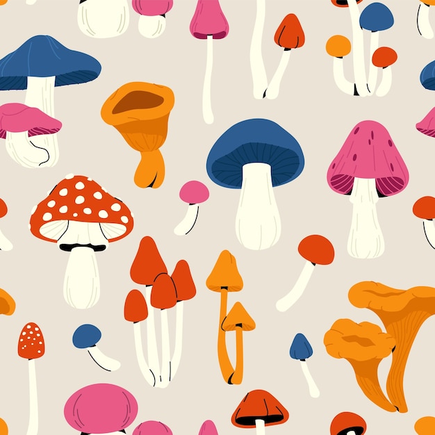 autumn mushrooms pattern fall forest cartoon mushroom seamless print decorative background with colorful toadstool and edible mushroom for wallpaper design vector texture