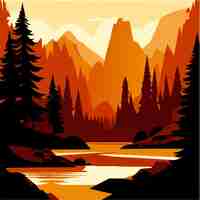 Вектор Осенний природный лесный ландшафт с озерными горами векторная иллюстрация