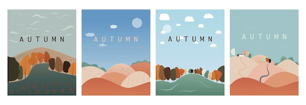 秋の自然、村、都市の風景。自然、都市、農村の背景のイラスト。