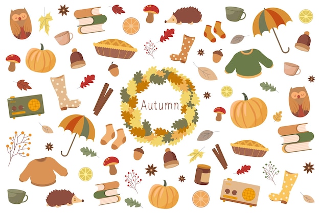 Autumn nature, village, country, city landscapes. Vector illustration of natural set.