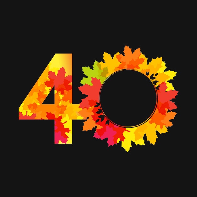 Numero d'autunno 40 logo della vendita autunnale titolo creativo ghirlanda natalizia con foglie rosse arancione e gialle