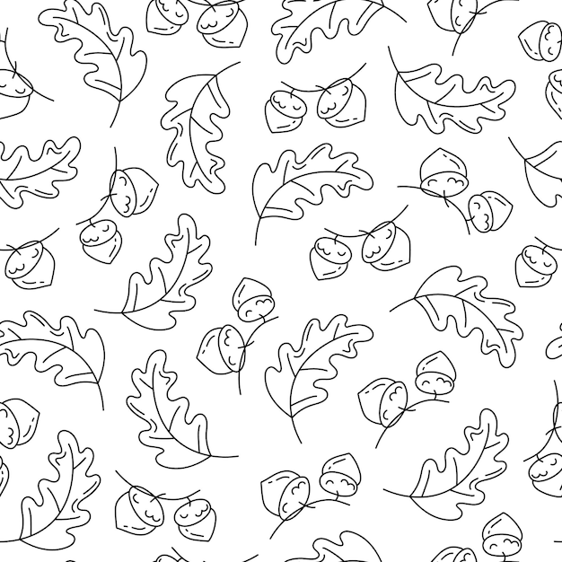 Autumn oak leaves with acorns seamless pattern in doodle linear style on white background