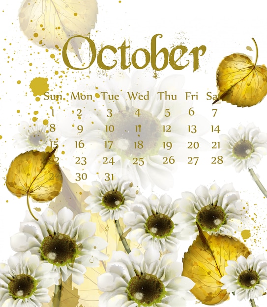 Autumn october calendar with golden leaves