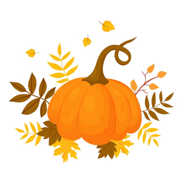 Autumn Orange pumpkin with fall leaves in cartoon flat style