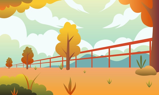 Fondo di vettore dell'illustrazione panoramica di autunno. foglie che cadono con cielo arancione. illustrazione della fattoria
