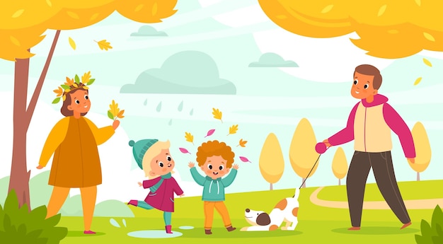 Семья осеннего парка родители с детьми гуляют с собакой на свежем воздухе, люди и домашние животные мама и папа сын и дочь гуляют среди желтых деревьев с падающими оранжевыми листьями векторная концепция