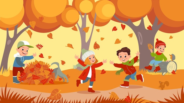 Vector autumn park kids children outdoor activity boys and girls play with falling leaves little people in warm clothes forest animals and pets october defoliation splendid vector concept