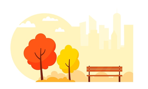 木々と街の背景にベンチと秋の公園ベクトルflaillustration