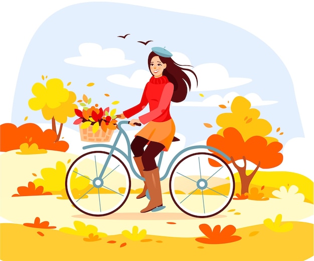 Autumn Park. A woman rides a bicycle with a bouquet of leaves in an autumn park. A bike ride.