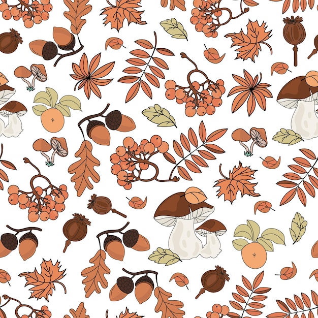 AUTUMN PATTERN Nature Forest Landscape Fall Season With Rowan Berries Apples Mushrooms And Oak Leaves Seamless