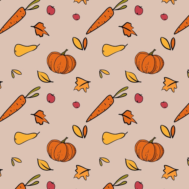 Autumn pattern pumpkin carrot leaves pear and apples