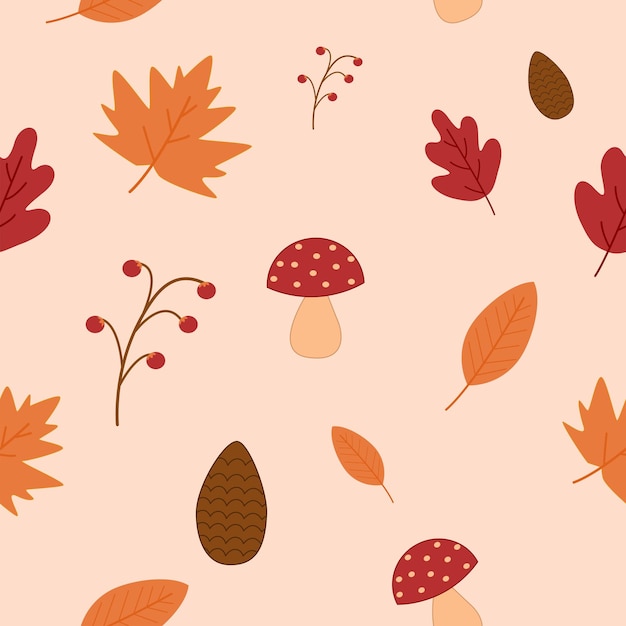 Autumn pattern with berries leaves and pinecones