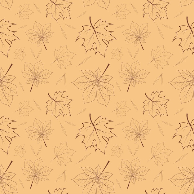 Vector autumn pattern with contour carved leaves on beige background