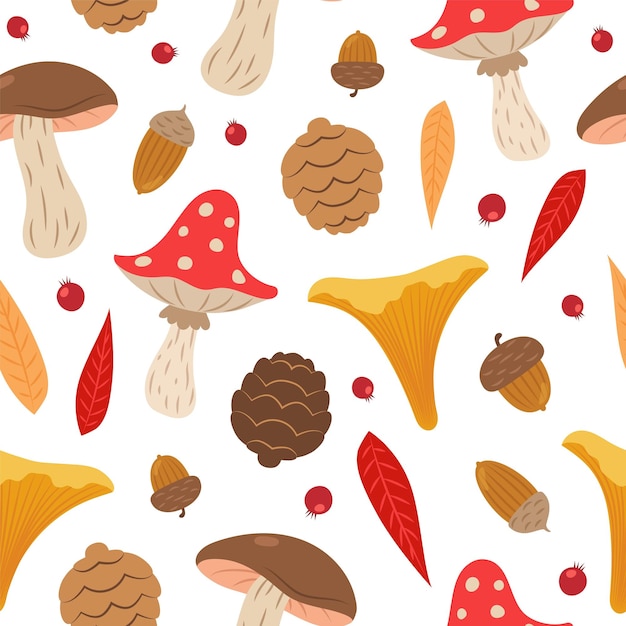 Autumn pattern with cute mushrooms conifer cones and acorns Seamless background vector