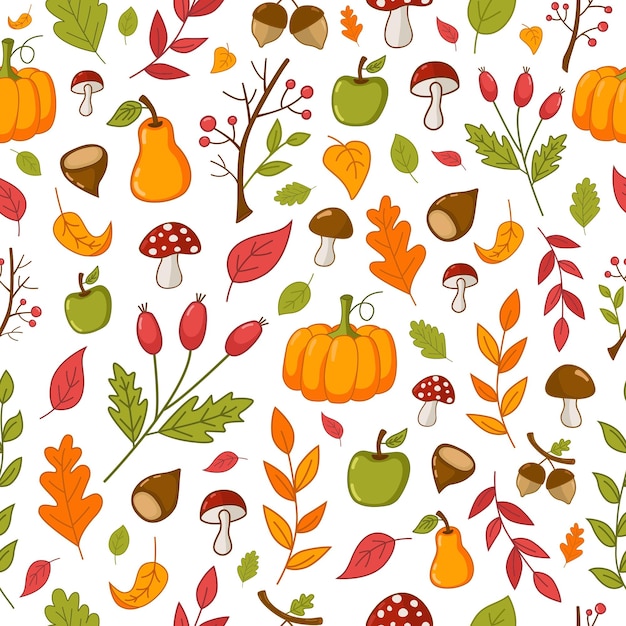 Autumn pattern with pumpkin, apples, pears, chestnuts and rowan.