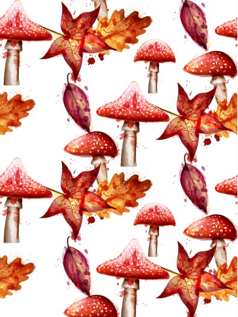 Autumn pattern with red mushrooms watercolor