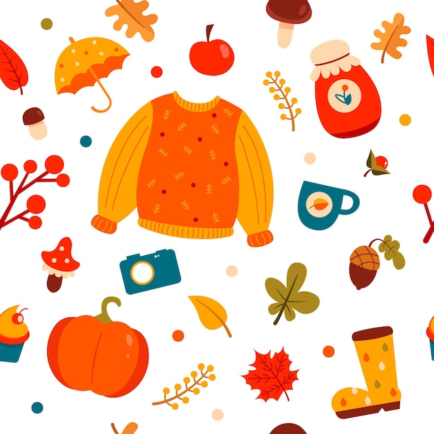 Autumn pattern with various elements.vector illustration.