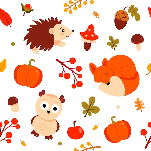 Vector autumn pattern with wild animals- fox, hedgehog, owl, harvest. vector background.