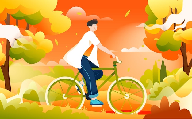 Autumn people exercise and walk outdoors with trees and grass in the background, vector illustration