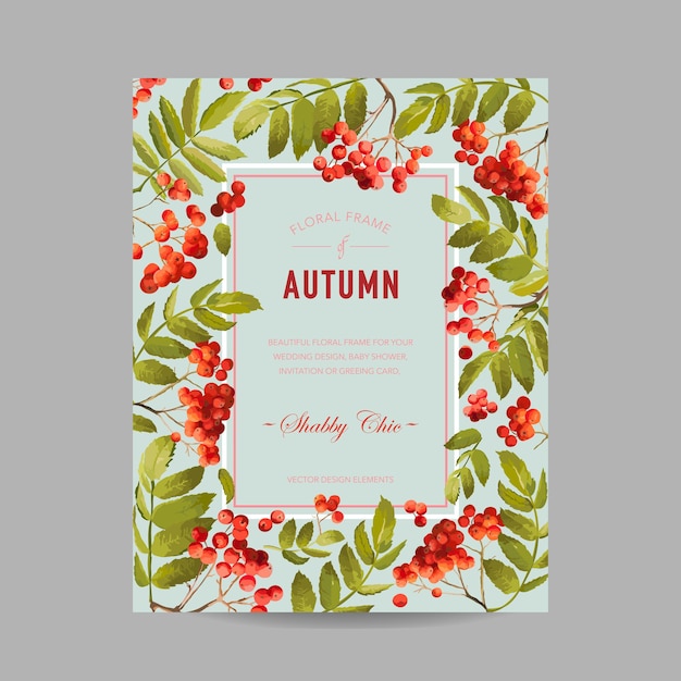 Autumn photo frame with rowan berry and leaves. seasonal fall design card